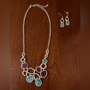 Silver Necklace & earring set, necklace has blue and purple gems